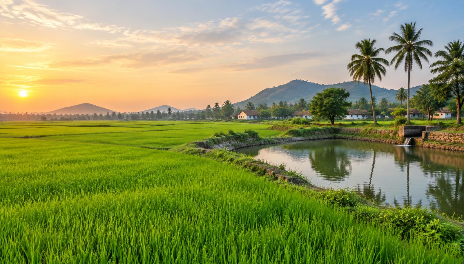 Illustrative landscape of green paddy fields and traditional irrigation in rural Telangana